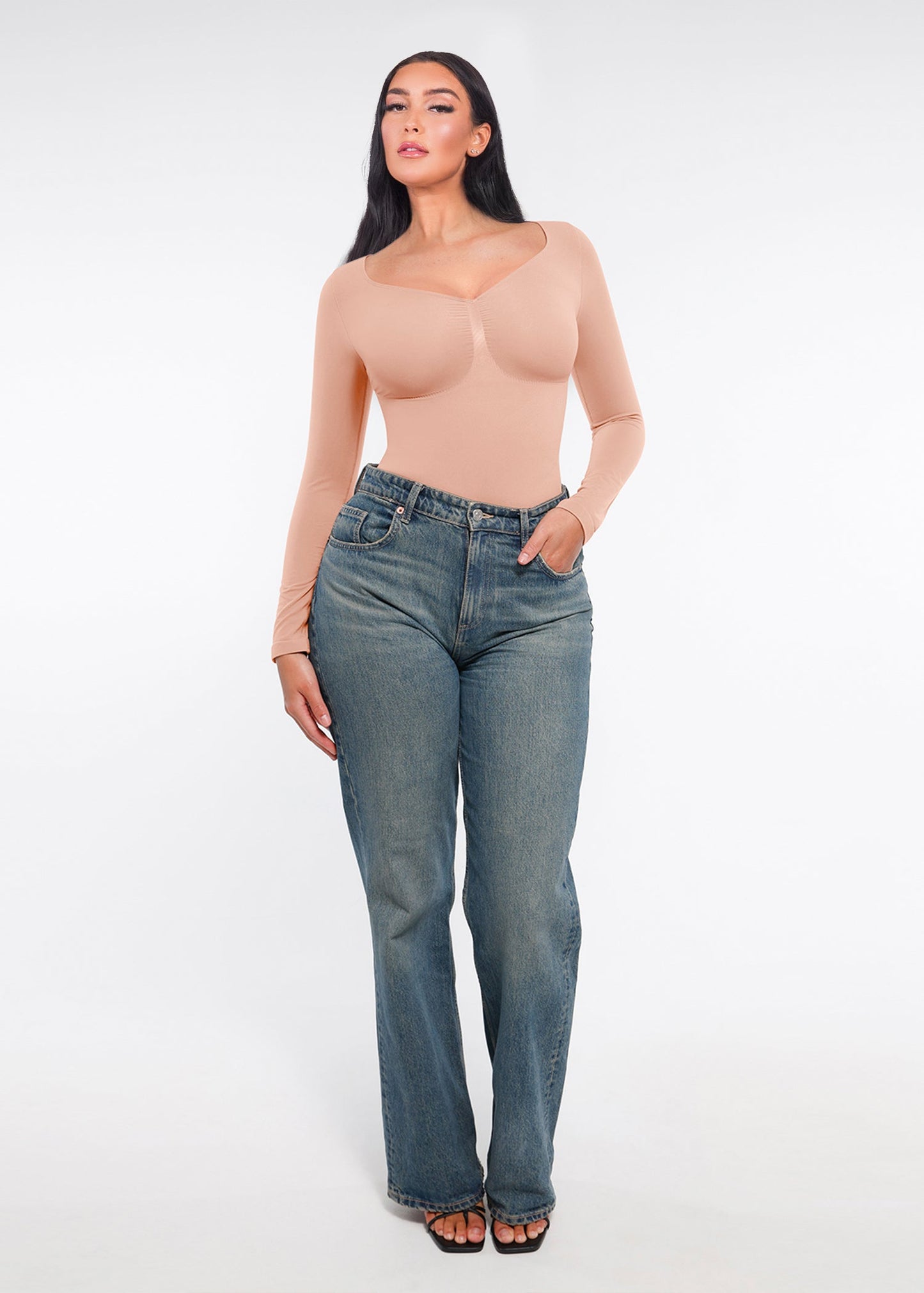 Marcella - Seamless Long Sleeve Thong Bodysuit with Chest Support & Tummy Control