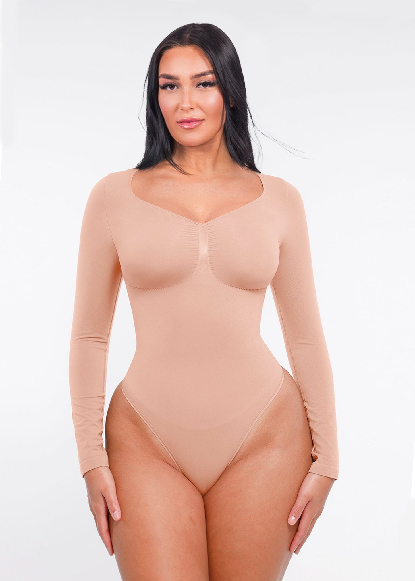 Marcella - Seamless Long Sleeve Thong Bodysuit with Chest Support & Tummy Control