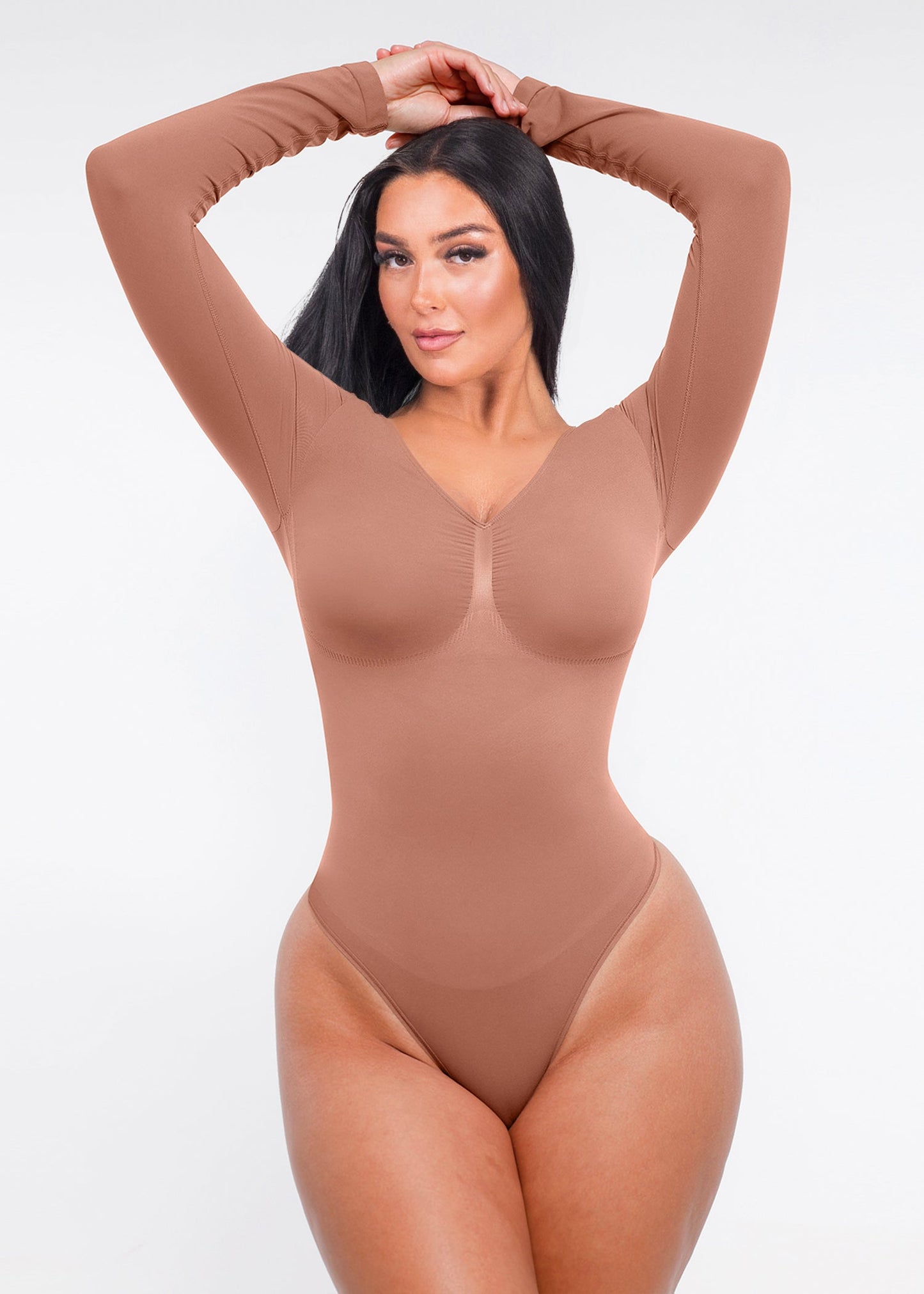 Marcella - Seamless Long Sleeve Thong Bodysuit with Chest Support & Tummy Control