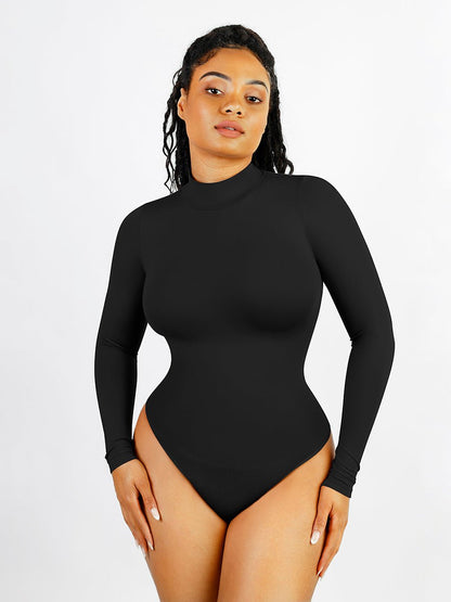 Rosina - Eco-friendly Seamless Thong Bodysuit with Long Sleeves & Turtle Neck