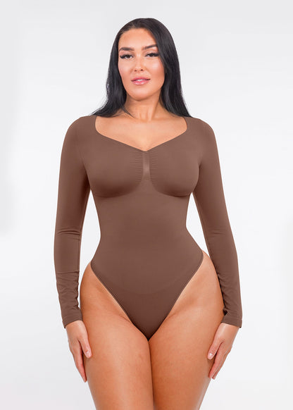 Marcella - Seamless Long Sleeve Thong Bodysuit with Chest Support & Tummy Control