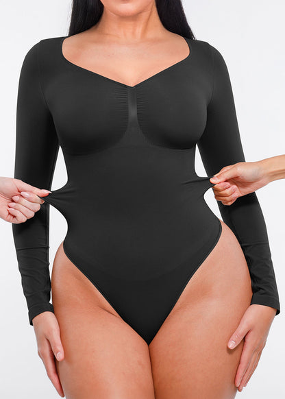 Marcella - Seamless Long Sleeve Thong Bodysuit with Chest Support & Tummy Control